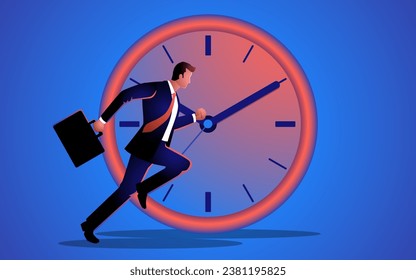 Businessman running with a giant clock as the background. Symbolizes themes of time management, efficiency, urgency, importance timely decisions in business of and the relentless pursuit of success