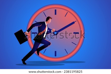 Businessman running with a giant clock as the background. Symbolizes themes of time management, efficiency, urgency, importance timely decisions in business of and the relentless pursuit of success