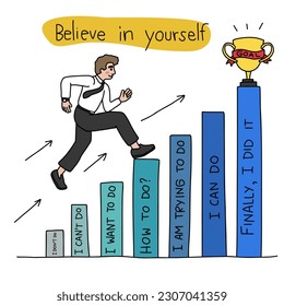 Businessman running to goal trophy on graph chart cartoon vector illustration
