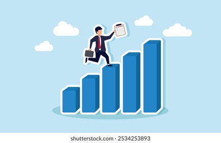 Un hombre de negocios que ejecuta un gráfico que lleva un tablero de Descripción del trabajo, ilustración del progreso estructurado del rendimiento empresarial basado en una lista de tareas