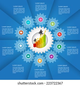 Geschäftsmann, der Graph auf Gear Icon Konzept, Business Infografiken, Business Icons und Text Information Design, Vektorillustration Illustration läuft.