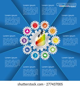 Businessman Running Up Graph on Gear Icon Concept, 10 Colorful Option for Business Infographics, Business Icons and Text Information Design, Vector Illustration