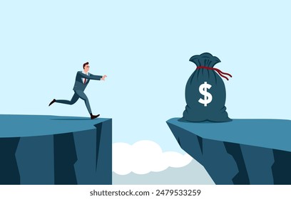 A businessman is running with greed towards a cliff to get a bag of money. Money trap to fool greedy people. Fraud, danger, or threat to the victim. Concept of financial or investment problems