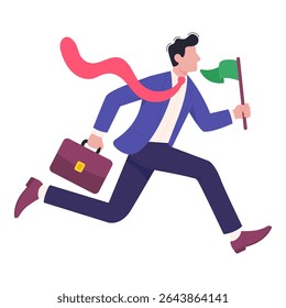 Businessman running with green flag and briefcase, flat vector symbol of leadership, achievement and motivation
