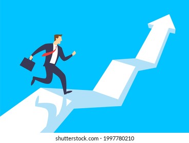 Businessman running up growing graph arrow, Business concept growth and the path to success, Flat design vector illustration