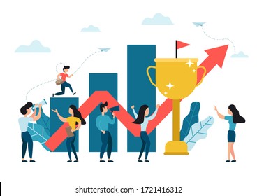 Businessman running up growing graphs to the target with big gold trophy cup and red arrow pointing up, challenge, career and path to the goal. Business concept growth to success, creative ideas.