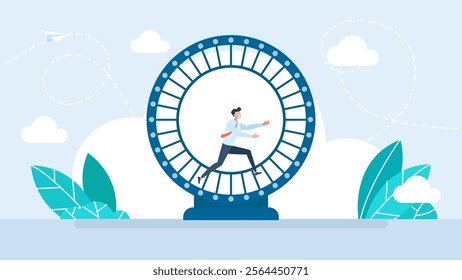 Businessman running in a hamster wheel. Businessman at the wheel. Business wheel, person run, hamster race metaphor. Male person running. Meaningless work and unnecessary stress. Vector illustration