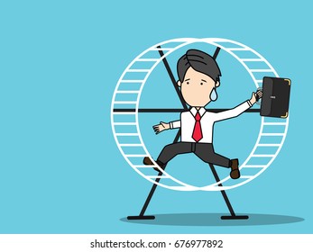 Businessman running in a hamster wheel. Funny businessman vector style.