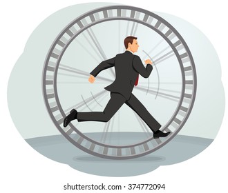 Businessman Running In A Hamster Wheel. Inefficient Work.