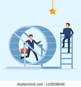 Businessman Running In Hamster Wheel. Man Climbing On Short Ladder To Big Dream. To Not Progress In Work Concept. Useless Labor, Work. Flat Design Vector Illustration