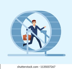 Businessman Running In Hamster Wheel. To Not Progress In Work Concept. Useless Labor, Work. Flat Design Vector Illustration