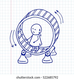 Geschäftsmann läuft in einem Hamsterrad. Vektordoodle-Illustration eines gestressten Managers.