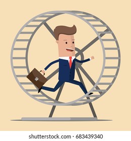 Businessman Running In A Hamster Wheel. Vector Illustration