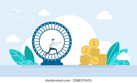 Businessman running in a hamster wheel. Workaholic and tiredness at work concept. Young stressed businessman cartoon character running in wheel having endless run job. Vector illustration 