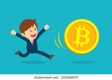 Businessman running are happy at the bitcoin prices up. Cryptocurrency market concept. Flat cartoon character design.