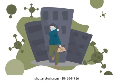 A businessman running with his arms over his face  To prevent dust.  A young man wearing a mask, along with the dust, smoke and germs surrounding the city.  Concept illustration vector flat style 