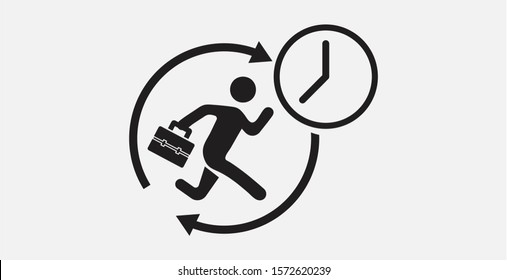 Businessman running with his briefcase and clock icon. Person with briefcase hurry, running to business meeting