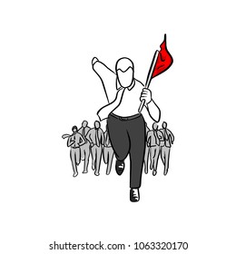 businessman running with his team holding red flag vector illustration sketch hand drawn with black lines isolated on white background
