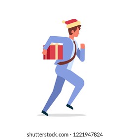 businessman running hold present gift box male office worker business man cartoon character full length new year holidays celebration concept flat isolated vector illustration