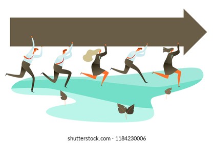 Businessman running and holding the brown arrow, Vector Illustration. Business growth with teamwork