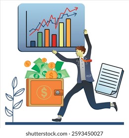 Businessman running and holding a growing chart, celebrating increasing profits with money and coins coming out of his wallet.