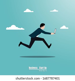 Businessman running holding a laptop, Business concept, Motivation, Moves up to the success, Leadership, Achievement, Goal, Startup, Vector illustration flat style