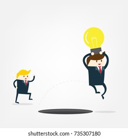 Businessman running and holding a light bulb. The concept of stolen ideas