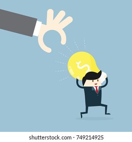 Businessman running and holding a light bulb. The concept of stolen ideas