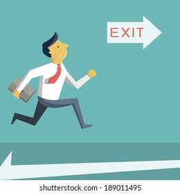 Businessman running in a hurry, looking at arrow with exit sign, and going to open door. Business concept in safety, urgency, security, or emergency. 