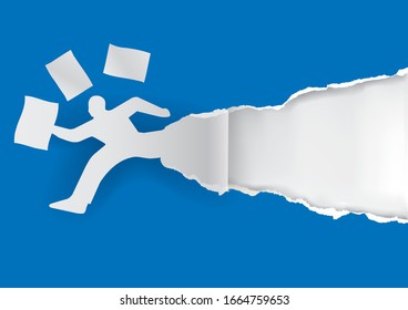 Businessman running in a hurry with papers. 
Paper man silhouette with flying documents ripping blue paper with place for your text or image. Template for a original advertisement. Vector available.