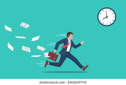 Empresario corriendo y apurado. Empresario corriendo con papeles que caen del concepto de plazo de gestión del tiempo del maletín. Ilustración vectorial en estilo plano.