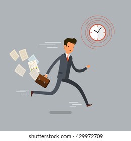 Businessman running and hurry up. Flat design, vector illustration