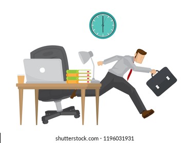 Hombre de negocios corriendo con prisa cuando el reloj está a las 6 pm. Ilustración vectorial