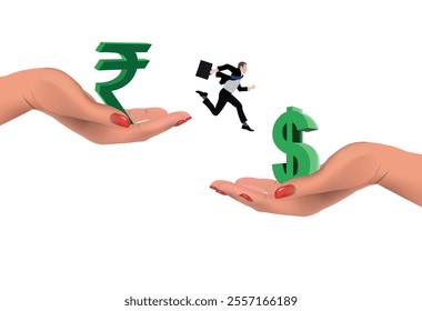 Businessman running from indian rupee symbol to dollar symbol converting currency