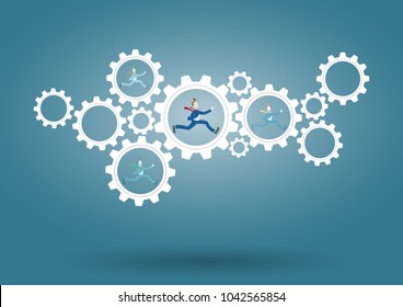 Businessman Running Inside Contacting Gears, Cog Wheel Showing Team Work, Cooperation, Communications, Business Problems Collaboration Solution And Work Life Concept. Vector Illustration.