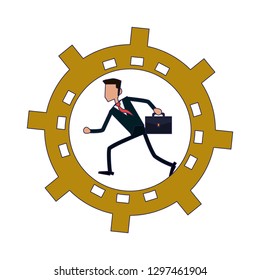 businessman running inside gear blue lines