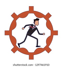 businessman running inside gear blue lines