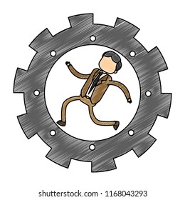 Businessman running inside gear scribble