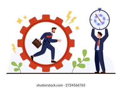 Empresário correndo dentro da engrenagem simbolizando produtividade e gerenciamento de tempo, enquanto outro segura um cronômetro representando a pressão do prazo e eficiência isolada no vetor de fundo branco