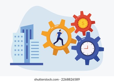 Businessman running inside gears of time and money 2d vector illustration concept for banner, website, illustration, landing page, flyer, etc.