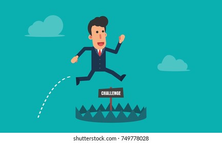 Businessman running and jump to avoid pitfalls of challenge, business risk simple cartoon character vector illustration in flat modern design isolated in turquoise background