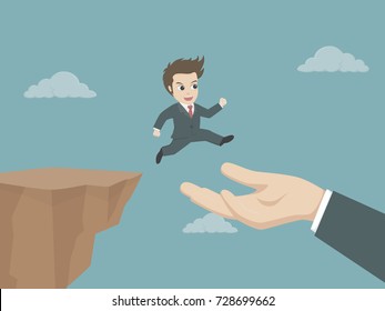 Businessman running and jump from the cliff go to the hand of partnership. Vector illustration for business risk, help and support concepts.