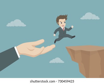 Businessman running and jump from the hand of partnership go to the cliff.Vector illustration for business risk, help and support concepts.