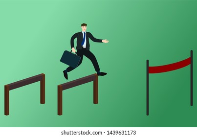 Businessman running and jump over obstacles to finish line , success goal concept
