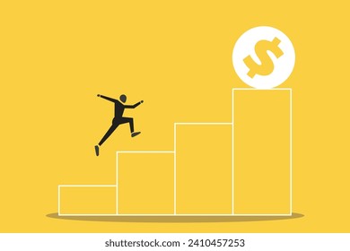 Businessman running and jumping on bar chart. concept of Business growth, increase earning and profit