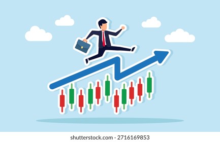 Businessman running and jumping on a chart above a candlestick graph illustrating rising valuation and increasing profit from stock trading and investment