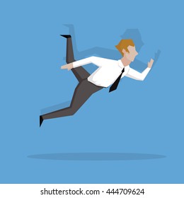 Businessman running and jumping over the air. Flat cartoon design in success business concept.