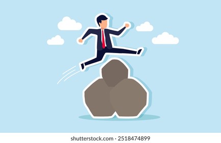 Um homem de negócios correndo e pulando sobre grandes pedras, ilustrando a superação de obstáculos e resolvendo desafios