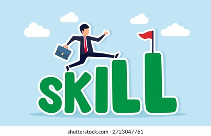 Hombre de negocios corriendo y saltando sobre el texto de la habilidad para llegar a la bandera final que ilustra el progreso en la mejora de las habilidades de gestión de la empresa empresarial