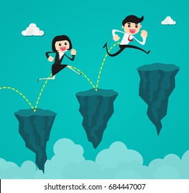 empresario corriendo y saltando por la brecha entre el precipicio.Concepto de riesgo de negocio y éxito